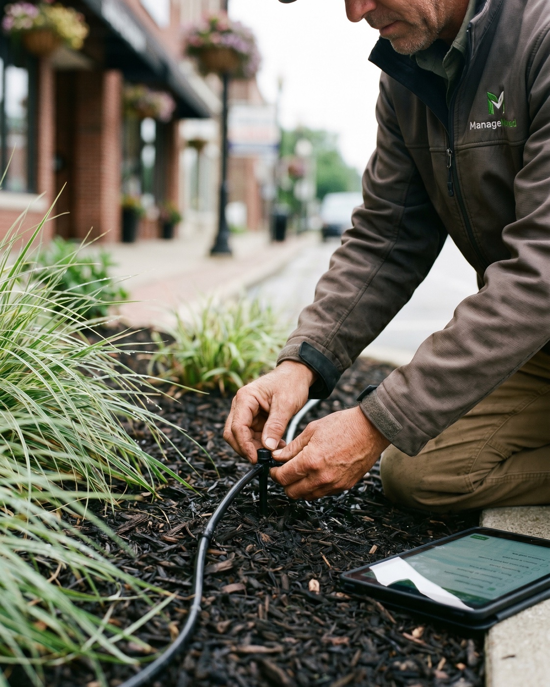 ManageMowed account manager inspecting drip irrigation in a commercial planting bed near the downtown Edmonds fountain district