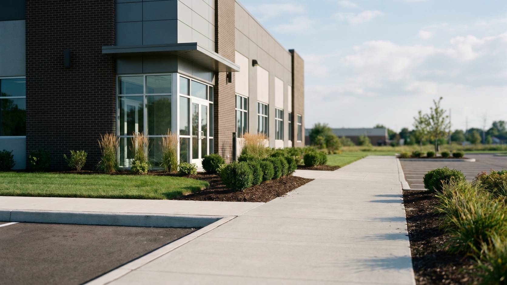 Clean brick-and-timber commercial building exterior with manicured landscaping near the Edmonds waterfront at dusk