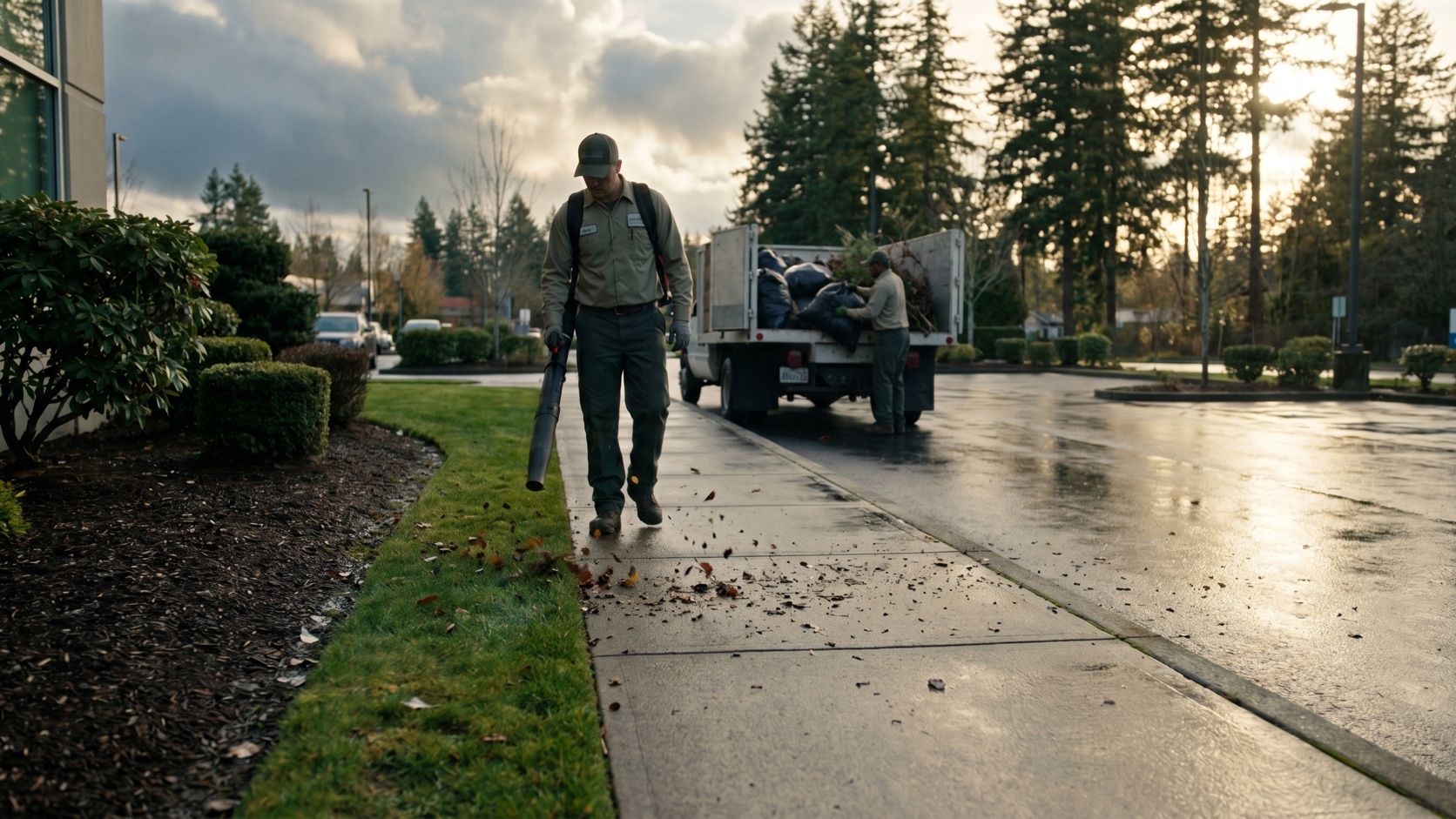 ManageMowed crew member edging and clearing walkways at a Highway 99 retail center in Edmonds after a Puget Sound rainstorm